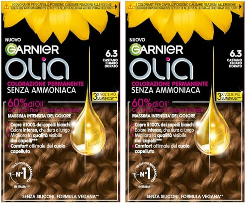 Garnier Olia, Colorazione Permanente Senza Ammoniaca, Copre il 100% dei Capelli Bianchi, Con Oli di Fiore di Origine Naturale, Formula Vegana, Castano Chiaro Dorato (Confezione da 2)