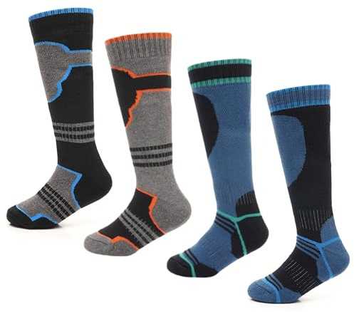 GM Apparel Boys Ski Socks Multipack of Kids Performance Long Thermal Socks for Skiing Snowboarding Hiking Outdoor Activities - 4 Pack (4-6 Years, Blue + Grey)