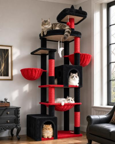 Globlazer S76B Kratzbaum 193 cm mit Mehrere Loungebereich für Große Katzen | Katzenbaum Groß XXL mit 2 Katzenhaus Extragroße Plattform Hängematte Einfacher Aufbau für Katzen Innen Sitzen Liegen Schlafen
