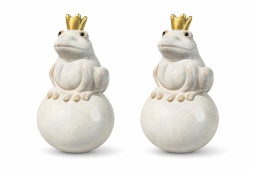 finehomegarden Frosch Keramik auf Kugel Creme mit Goldener Krone 7,5cm H13,5cm Dekofigur für Garten Balkon & Teich Gartenfigur 2erSet Gartendeko Froschkönig