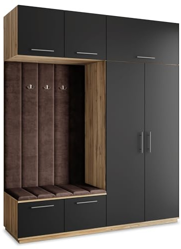Masseno Flugarderoben Set Rema, Kleiderschrank-Set mit Sitzbank, Garderobenschrank Flur mit 5 Regalböden, Eiche Wotan/Schwarz