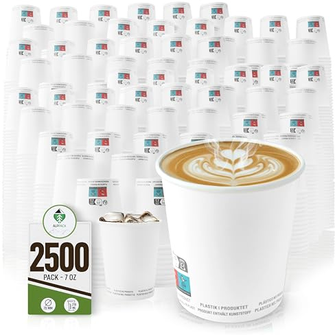 Lot de 2500 Gobelets Jetables en Carton Blanc 7 oz / 21 cl – Verres Jetables pour Eau, Café, Boissons Chaudes et Froides, Résistants à la Chaleur, Idéals pour Professionnels, Bureaux et Événements