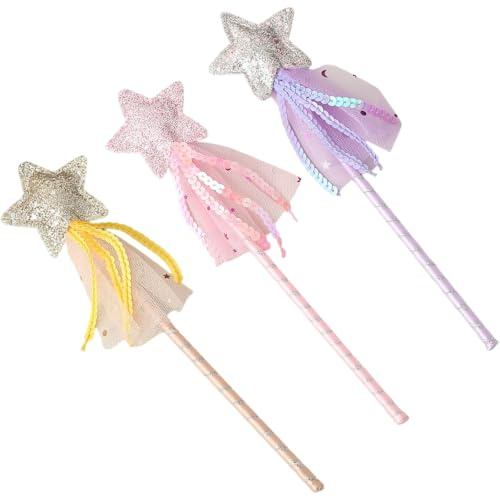 FIQLUL 3 Pièces Baguette Magique Étoile pour Fille, Baguette de Fée Pailletée pour Déguisement Princesse, Accessoire de Fête pour Anniversaire, Noël et Cosplay (Jaune, Violet et Rose)