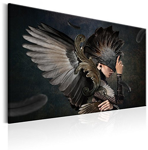 B&D XXL - Wandbilder XXL Abstrakt 120x80 cm 1 tlg - Wand Deko Vlies Leinwand Bilder Groß Wanddeko Wohnzimmer Schlafzimmer Kunstdrucke - Frau mit Engelsflügel Feder Fantasy Porträt