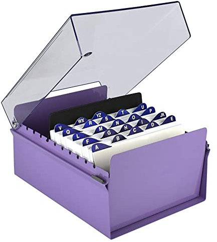 Acrimet 5 x 8 Karteikartenhalter Organizer mit Metallbasis, Robust (Inklusive AZ-Indexkarten und einem Kunststoff-Trenner) (Lila mit klarer Kunststoffdeckelabdeckung)