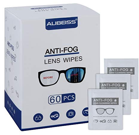 Alibeiss Anti Fog Wipes for Glasses Pre-Moistened Anti-Fog len Wipes,6 X 5, Pack of 60