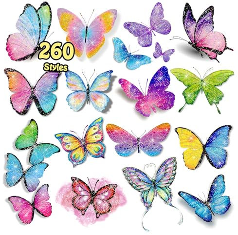 Leesgel Schmetterling Glitter Tattoo Kinder, 260 Stile (20 Blätter) Temporäre Tattoos für Mädchen Party Tasche Füller Schmetterling Geschenke, Schmetterling Aufkleber Party Deko Zubehör Spielzeug