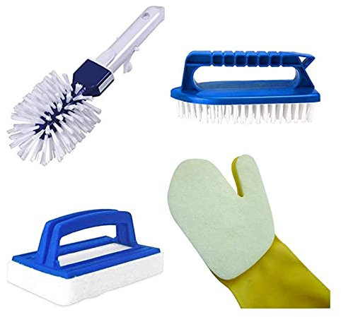 well2wellness® Poolreiniger Set 4 - Reinigungsbürste mit Griff und weißen Borsten, Pool Reinigungspad/Handpad mit Griff, Pool Reinigungshandschuh und Winkelbürste/Eckbürste aus Kunststoff