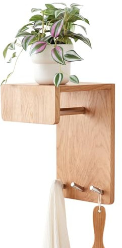 TREOAKWIS Étagère Murale avec 5 Crochets - 50CM Chêne Étagère Flottante Etagere Murale en Bois Massif Étagères Murales pour Couloir, Salle De Bain, Salon, Chambre À Coucher (20 CM)