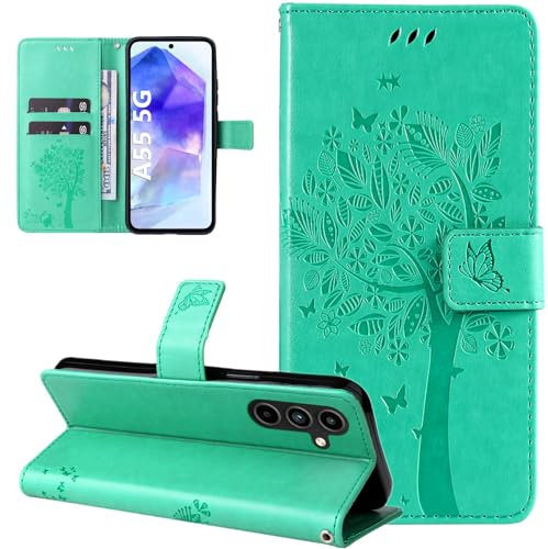 Dcjlbo Cover per Samsung Galaxy A55 5G Custodia Cover in Pelle Portafoglio a Libro con Fiori Disegni Porta Carte Magnetica Cover Flip Case Antiurto Custodia per Samsung Galaxy A55 5G-Verde
