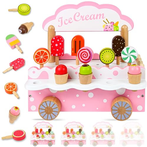 Ulikey Juguete de Helado, Carrito Helados de Madera, Tienda de Helados con Almacenaje, Juguete de Madera Accesorios de Cocina, Juguete Montessori Aprendizaje Temprano para Niñas Niños 3 4 5 6 años