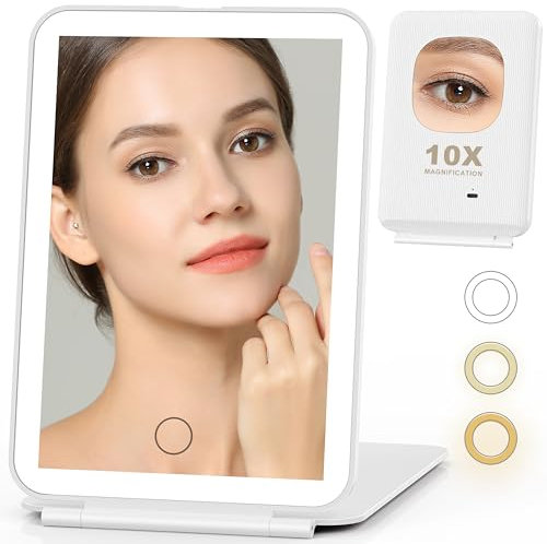 Auxmir Espejo Maquillaje con Luz 10X/1X Recargable Doble Cara, Espejo Aumento Táctil Ligero Plegable Portátil 50 Leds 3 Colores de Luz Brillo Regulable con USB 1500mAh para Bolso Viajes, Blanco