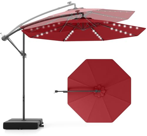 KOMFOTTEU Ampelschirm LED Solar Ø300cm, Sonnenschirm mit Sandsäcke & Kurbel, Gartenschirm knickbar neigbar, Terrassenschirm mit UV-Schutz, Marktschirm für Garten, Terrassen, Pool (Weinrot)