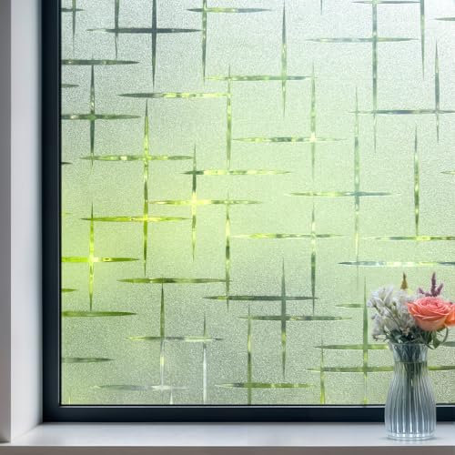 Mgood Window Film Privacy Film for Glass Windows Cross Star Pattern Anti UV Opaque Static Cling Self Adhesive Glass Frosting Film Decorative Reusable Window Cling for Home Office 90 x 200cm