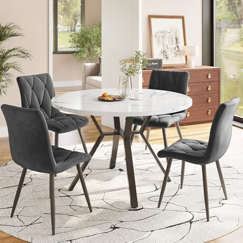 Merax Esstisch Rund, Marmormuster Esstisch, Metallrahmen, verstellbareTischbeine, X-förmiger-Beinen-Design, geeignet für Restaurant,Wohnzimmer,Küche,Esszimmer, Weiß/Schwarz, 100x100x75 cm