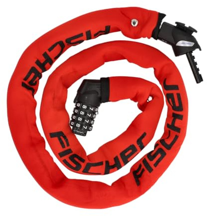 FISCHER Fahrradschloss, Kettenschloss Neopren mit Zahlenschloss, hohe Sicherheit für Fahrräder und E-Bikes, diebstahlsicher, rot, Länge: 130 cm