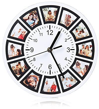 Orologio da Parete in Legno - Personalizzabile con 12 Foto - Silenzioso, Senza Ticchettio - 25 cm Ø - Design per Soggiorno, Camera da Letto e Cucina - Regalo per Mamma, Papà, Amici e Famiglia