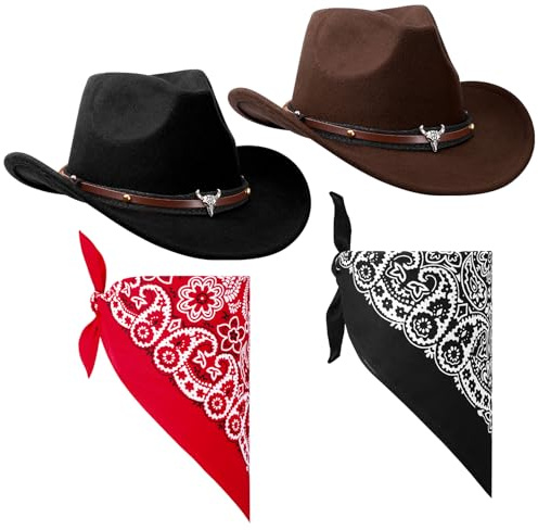 ViEinkaufen 2Pcs Cowboy Hats, Black Brown Western Hat with Bandana Scarf