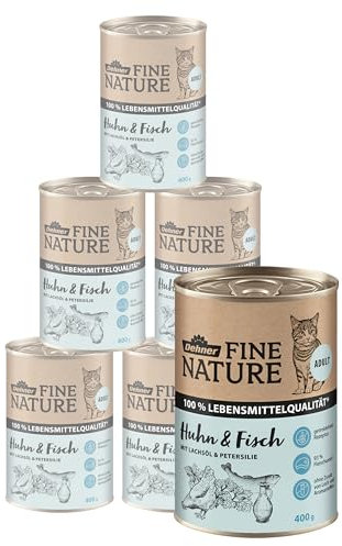 Dehner Fine Nature Katzenfutter, Nassfutter getreidefrei, für ausgewachsene Katzen, Huhn / Fisch, 6 x 400 g Dose (2.4 kg)