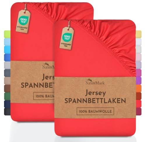 NatureMark 2er Pack Jersey Spannbettlaken, Spannbetttuch 100% Baumwolle in vielen Größen und Farben MARKENQUALITÄT ÖKOTEX Standard 100 | 120x200 cm - rot