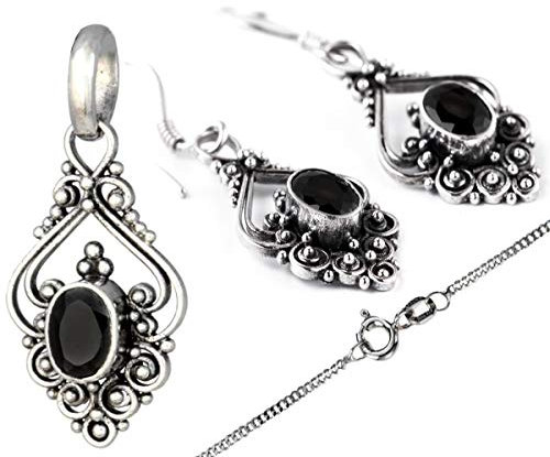 HOPLO Jugendstil Schmuck-Set: Silberanhänger, Kette, Ohrringe mit Kristall, Schwarz, 925er Silber, für Frauen, Unisex-Erwachsene