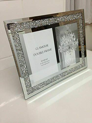 GLASS PHOTO FRAME JEWEL MIRROR SILVER LOOSE DIAMANTE NEW CRYSTAL DECOR MIRROR PHOTO FRAME SPARKLE GIFT WEDDING FRIENDS FOR DESK (double 4 x 6 inches)
