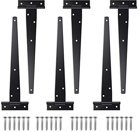 Justech 6PCs 10 Heavy-Duty T-Hinge Tee Shed Hinge Set T-Strap Hinges Black Forged Metal Iron Gate Door Barn Hardware with Screws