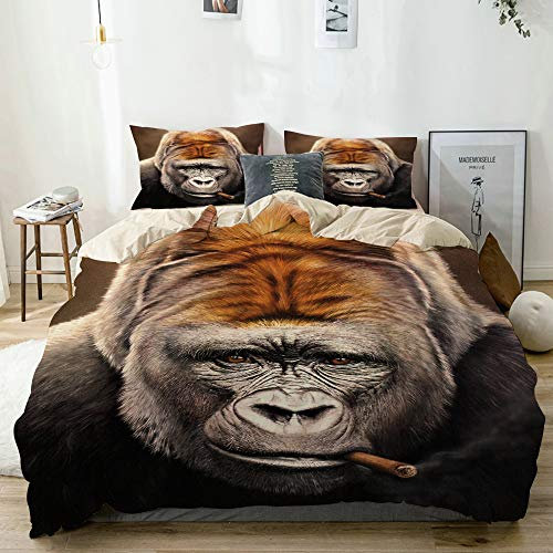 KOSALAER Bettwäsche Set,Affen Gorilla Schnauze Blick Zigarrengesicht,3 Teilig Bettbezüge Mikrofaser Bettbezug 135 x 200cm mit Reißverschluss und 1 Kissenbezug