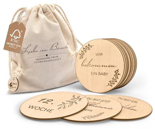 Holz Meilensteinkarten Schwangerschaft auf deutsch - 30 Meilensteine auf edlen Holzscheiben als Geschenk für Schwangere, werdende Mütter, werdende Eltern. Schwangerschaft verkünden, Momente teilen.