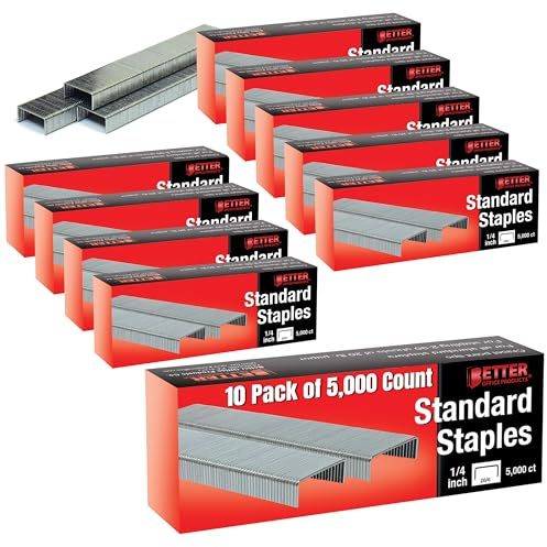 Better Office Products 50,000 Staples, 10 Pack of 5,000 Count, 26/6, 1/4-inch, Chisel Point Tips, Jam Free Staples, Fits All Standard Desktop Office Staplers
