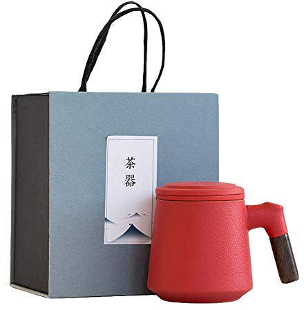GOONSDS Taza de té de cerámica con Filtro y Tapa Tazas de Tazas de Tazas de Madera 350 ml,Rojo