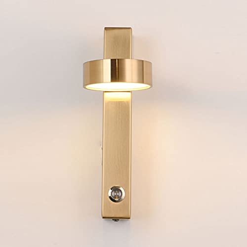 Lampe de Chevet LED Simplicité Applique avec Interrupteur Type T Métal Rotation Liseuse 12W Lumière Chaude 3000K Veilleuses Lampe Murale pour Chambre Salon Couloir Escalier,D'or