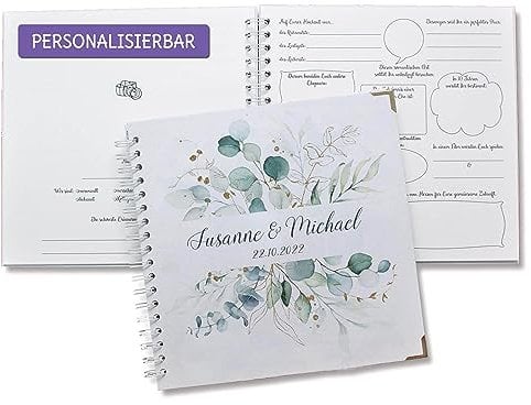 Feenstaub Gästebuch Hochzeit mit Fragen zum Ausfüllen, Hochzeitsgästebuch personalisiert, Hochzeit Gästebuch, personalisiertes Hochzeitsbuch, vorgedruckte Fragen für Gäste, Eukalyptus
