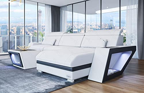 Ledersofa Catania in der L-Form als Ecksofa mit Beleuchtung Sofa mit USB-Anschluss Kopfstützen Moderne Couch LED Licht (Ottomane rechts, Weiß-Schwarz)