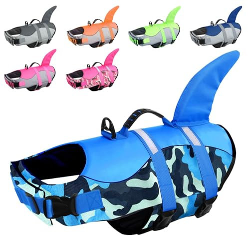 CITÉTOILE Gilet de Sauvetage pour Chien, Gilet de Sauvetage pour Chien avec poignée et réfléchissant, avec Une Bonne flottabilité, léger et sûr pour Les Sports Nautiques, Bleu, Camouflage, XXL
