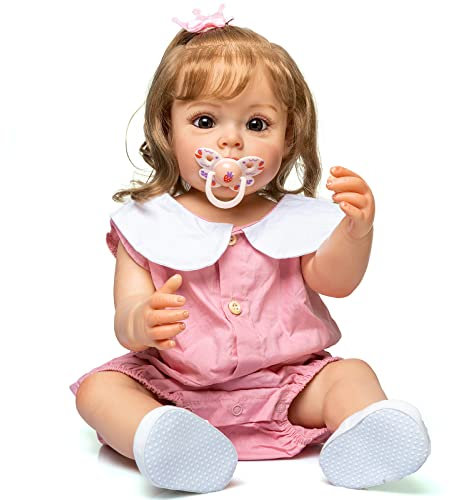 MineeQu 22 Zoll Süßes Gesicht Verwurzeltes Blondes Haar Silikon Vinyl Ganzkörper Reborn Babypuppen Anatomisch korrekt Realistisch Neugeborene Kleinkindprinzessin Dolls wasserdichte Spielzeuggeschenke