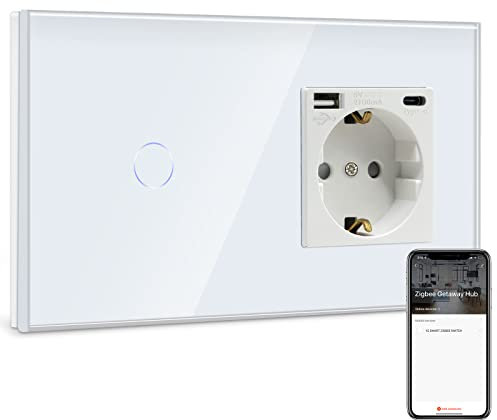 BSEED Normal enchufe USB con Smart ZigBee Interruptor de Luz 1 Gang 1 Vía,Compatible con Alexa y Google Home,Schuko Enchufe con 1 Puerto Tipo C y 1 Puerto USB Blanco(Zigbee Gateway Hub Requerido)