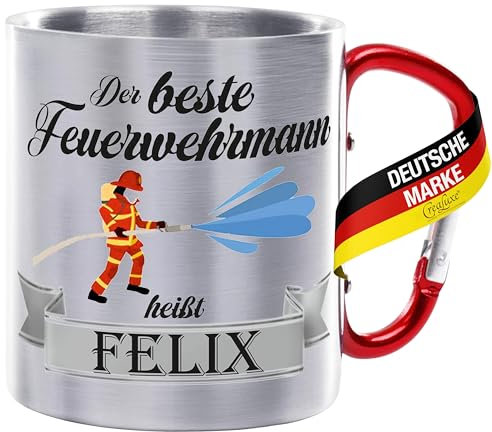 Crealuxe Edelstahltasse mit Karabiner - Der Beste Feuerwehrmann heißt Wunschname - 330ml, Tasse personalisiert, Kaffeetasse, Bürotasse, Metalltasse mit Name