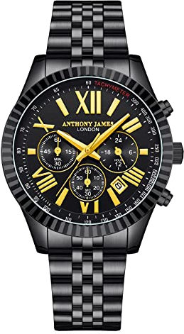 Anthony James Chrono Sport-Armbanduhren für Herren – Chronograph, handmontiert, Wasser- und Kratzfest – Analoguhr mit Minuten, Stunden und Sekunden Männer – Schwarz