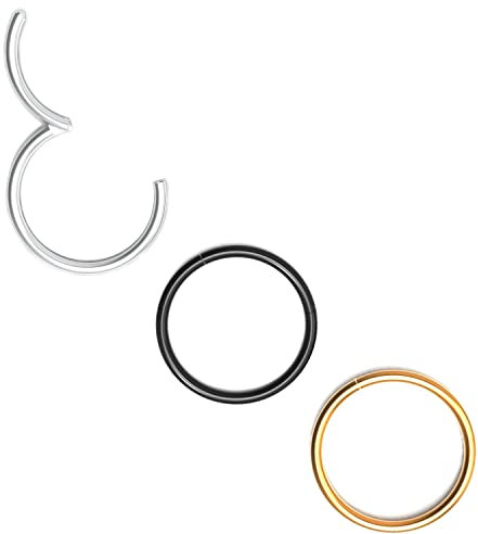 Body CAC 3 Stück-0,8mm×8mm 16L Chirurgenstahl Hinged Nose Rings Hoop Piercing Lip Helix Knorpel Rook Ohrringe, Gold/Silber Ton/Schwarz