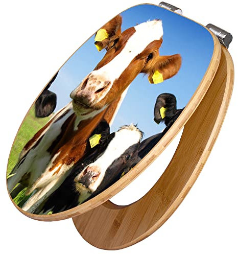 banjado Design WC Sitz Bambus Absenkautomatik 45,8x37,5cm / Toilettendeckel mit Absenkautomatik Holz/hochwertiger Bambus Klodeckel/WC-Sitz für gängigen Toiletten/Motiv Kühe