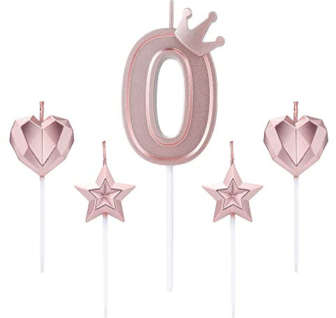 1 Set of 3inch Birthday Candles, Including 1 Crown Cake Main Numeral Candles, 2 Star Candles and 2 Heart Candles for Birthday Anniversary Parties (Rose Gold, 0)