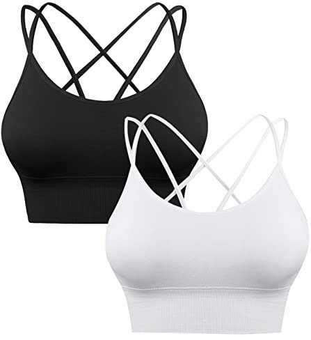 Sykooria Sport BH Damen Gepolstert Bustier ohne Bügel Spaghettiträger Cross Back Design Push Up Top für Yoga Fitness, Schwarz+Weiß, M