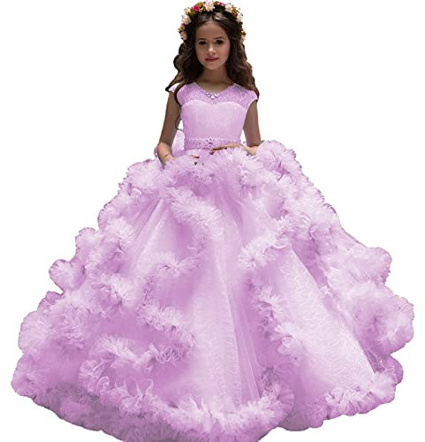 ZHengquan Vestidos de fiesta de boda para niñas con flores, plisados, de encaje, para desfiles, vestidos de primera comunión para niñas, Lila, 7 años