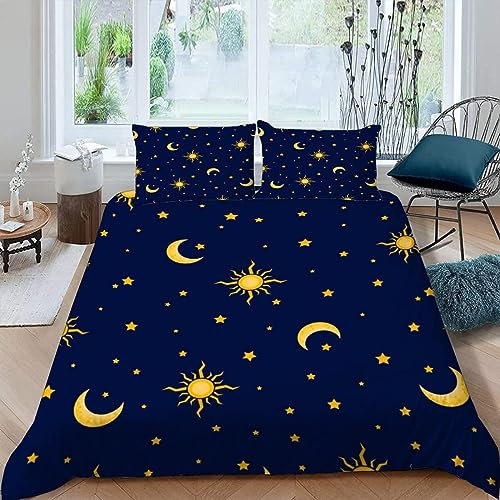 MUNOOR Housse de Couette 220x240 Lune Soleil Parure de Lit 2 Personnes Adultes Imprimé 3D Espace Microfibre Ensemble de Literie avec Fermeture Éclair et 2 Taies d'oreiller 50x75