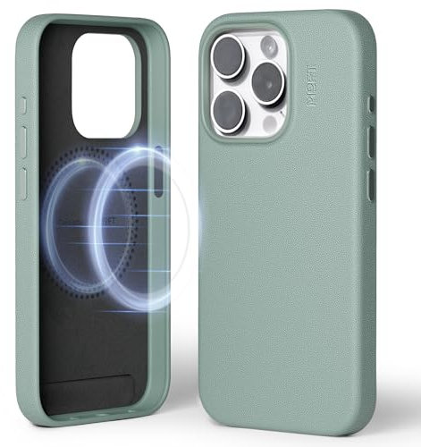 MOFT Magnetic Case for iPhone 15 Pro Compatible with MagSafe, MOVAS Vegan Leather Case Cover, Touch Sensation, Color Retention, Scratch & Stain Resistant, Easy to Clean, Seafoam