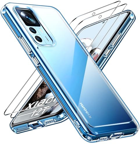 ivoler Nie Vergilbung Klar Hülle für Xiaomi 12T / Xiaomi 12T Pro, 1 Handyhülle mit 2 Stück Panzer Schutz Glas, [Militärischer Schutz] Stoßfest Transparent Schutzhülle Dünn Durchsichtige Case