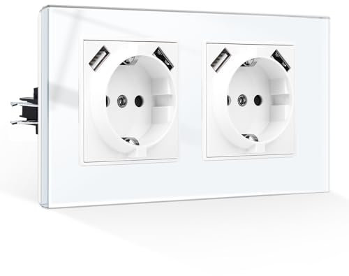 CNBINGO Doppelsteckdose mit USB Anschluss, Dual Typ-A Unterstützung Max.2,1 Amp, Unterputz Steckdose mit Krallen, Schuko Steckdose mit Glasrahmen in Weiß, 2-Fach