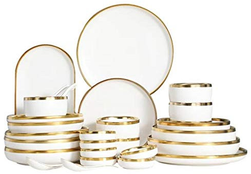Service de table, assiettes à dîner en porcelaine blanche à bord doré, assiettes en céramique, plats alimentaires, salade de riz, nouilles, bol, tasse, couverts (A)