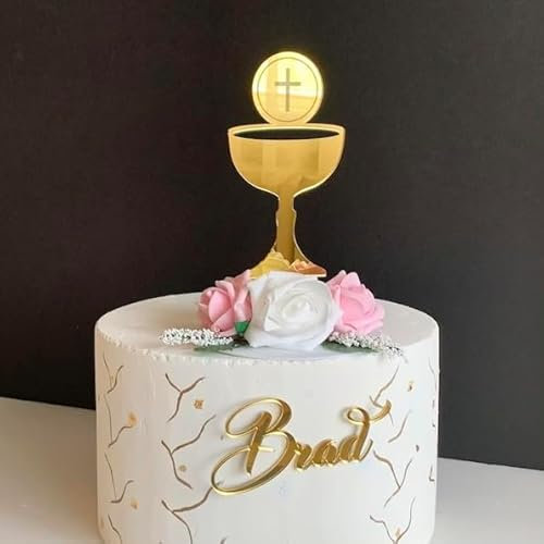 Erste Heilige Kommunion Tortendeko mit personalisiertem Namen, Gold Kelch mit Kreuz, Individuellen Taufname, Tortenaufsatz aus Acryl oder Holz, Erstkommunion, Verfügbare Größen und Farben (Design 2)